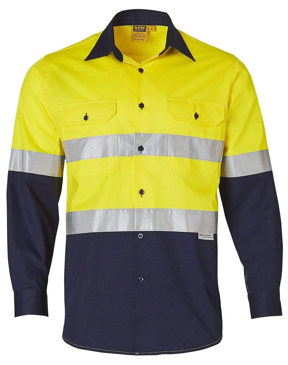 Long Sleeve Safety Shirt SW60 Work Wear Australian Industrial Wear Fluoro Yellow/Navy S
